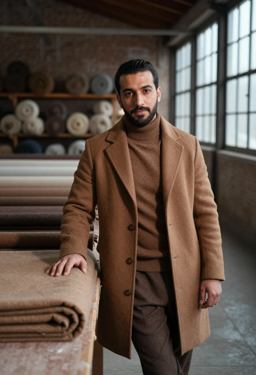 AI zegna trivero lanificio vicuna brown men sample — portrait of a man, a Lebanese man in his early forties with