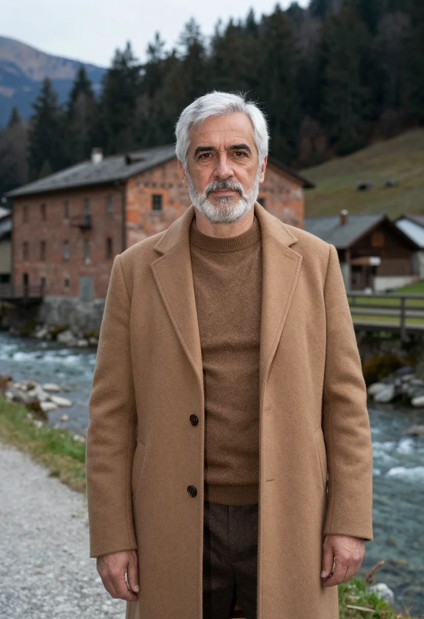 AI zegna trivero lanificio vicuna brown men sample — portrait of a man, an Italian man in his early sixties with