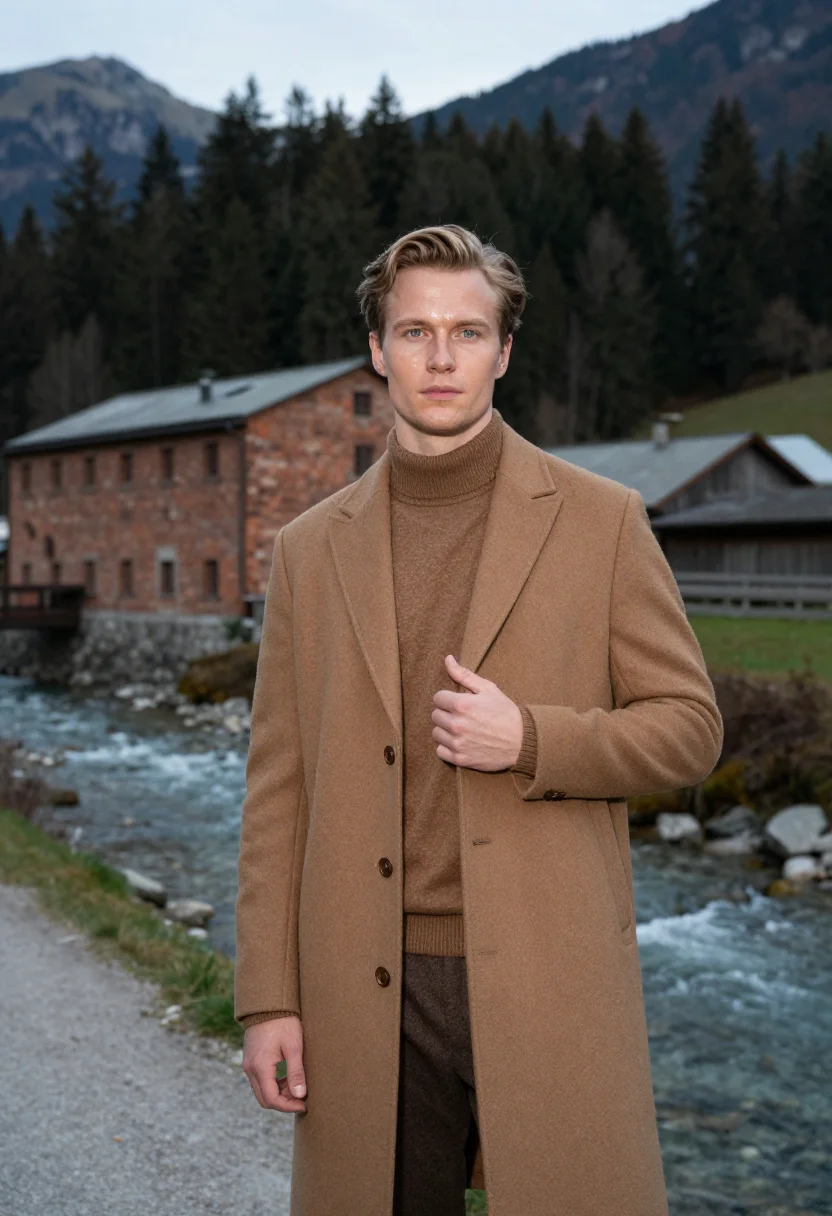 AI zegna trivero lanificio vicuna brown men sample — portrait of a man, a Norwegian man in his early thirties wit