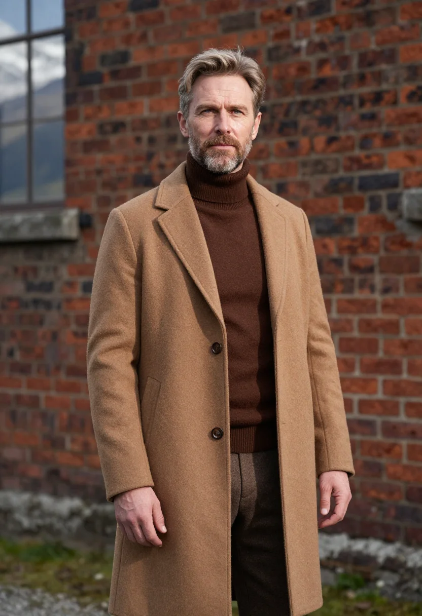 AI zegna trivero lanificio vicuna brown men sample — portrait of a man, a Scottish man in his early fifties with