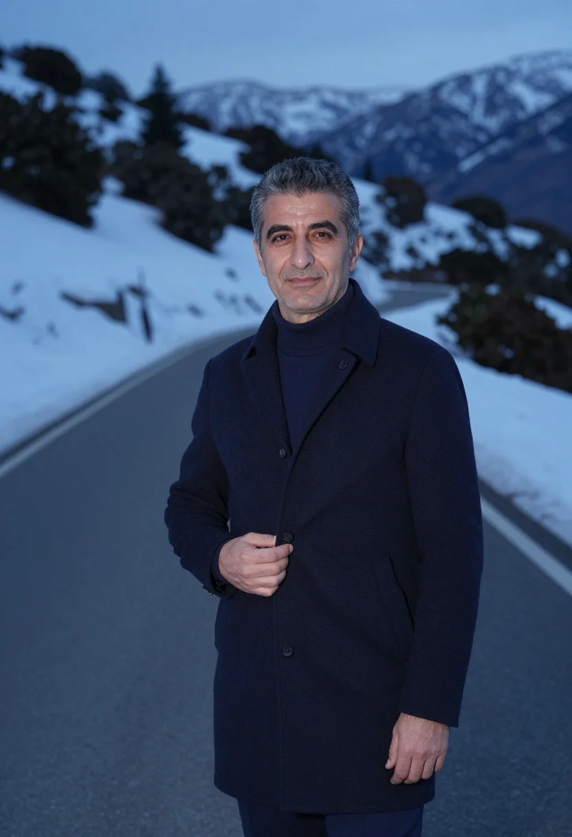 AI zegna trivero navy cashmere sample — portrait of a man, framed chest-up, the crop at the lower ri
