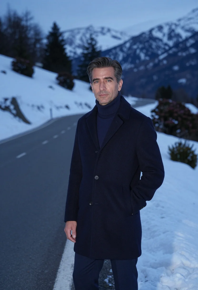 AI zegna trivero navy cashmere sample — portrait of a man, framed half-length from the crown to the