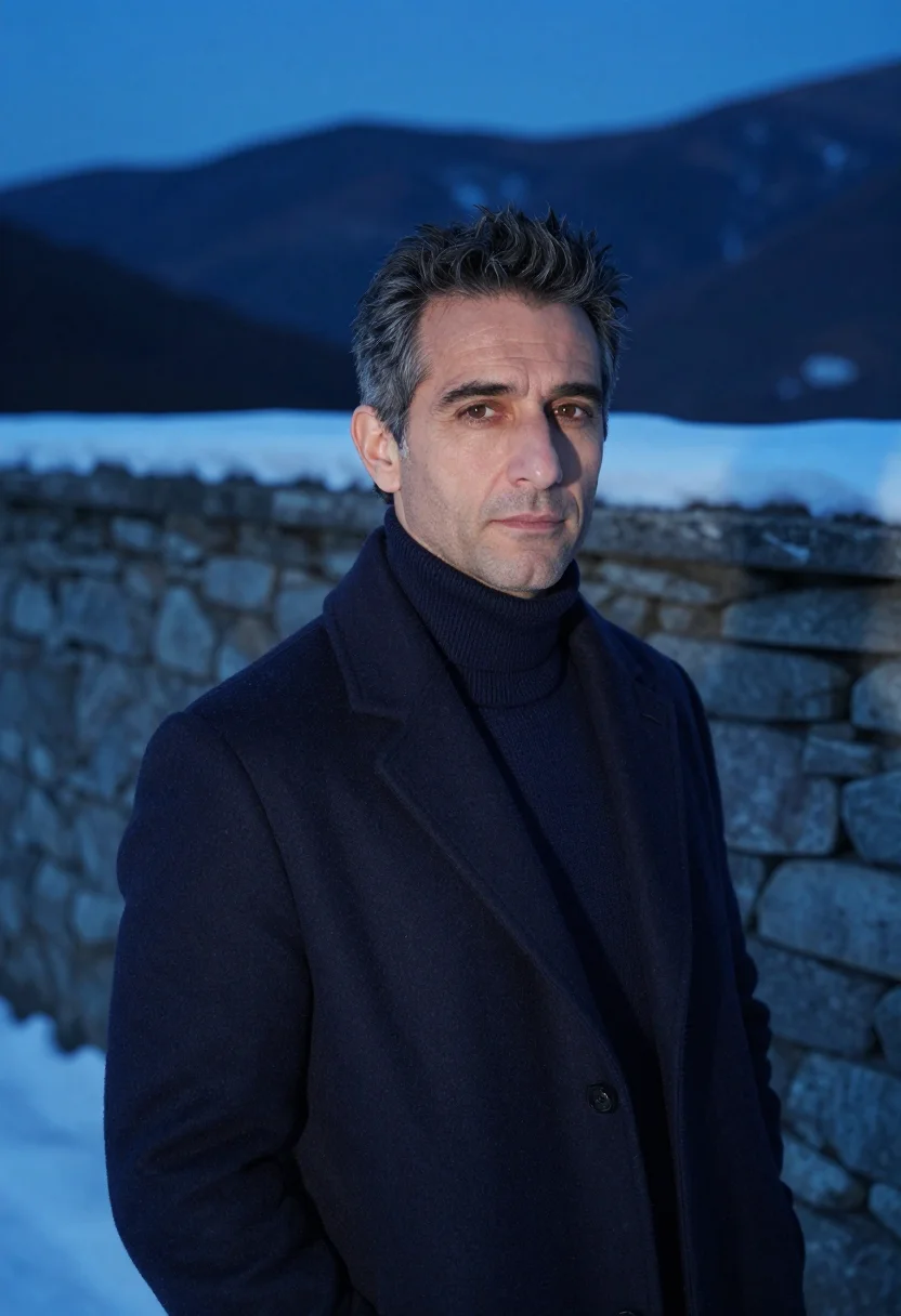AI zegna trivero navy cashmere sample — portrait of a man, framed tight, head and shoulders, the bod