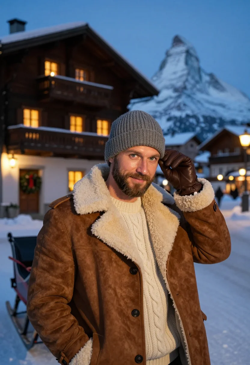 AI zermatt christmas sample — editorial portrait photograph, a Western-European man in his