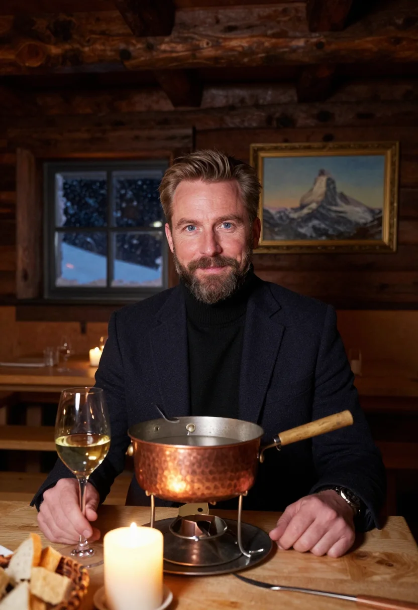 AI zermatt christmas sample — editorial portrait photograph, a Western-European man in his