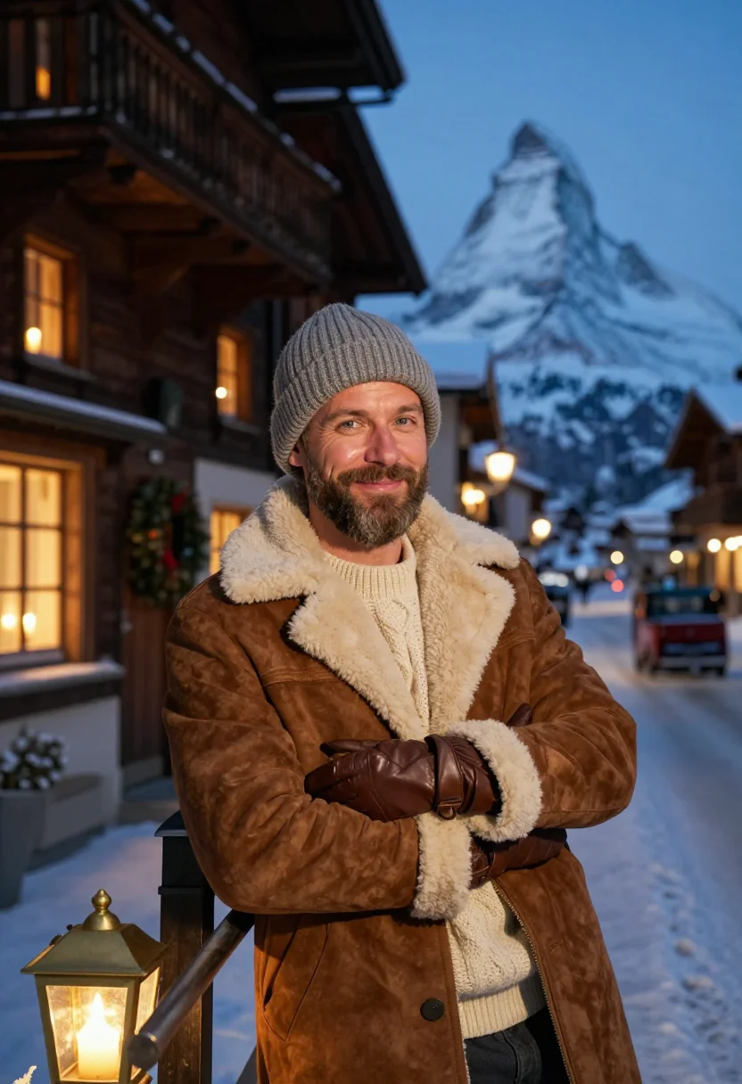 AI zermatt christmas sample — editorial portrait photograph, a Western-European man in his