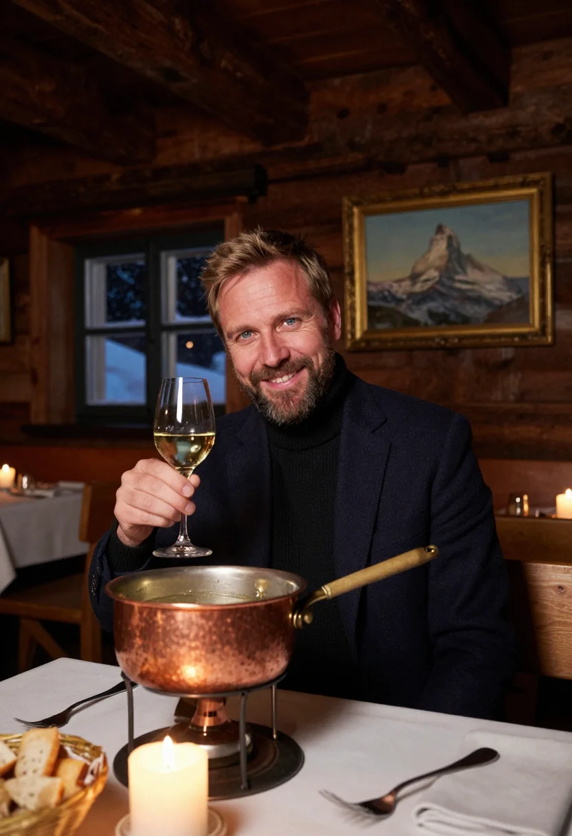 AI zermatt christmas sample — editorial portrait photograph, a Western-European man in his
