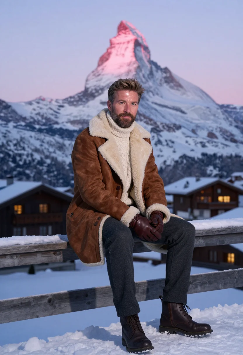 AI zermatt christmas sample — editorial portrait photograph, a Western-European man in his