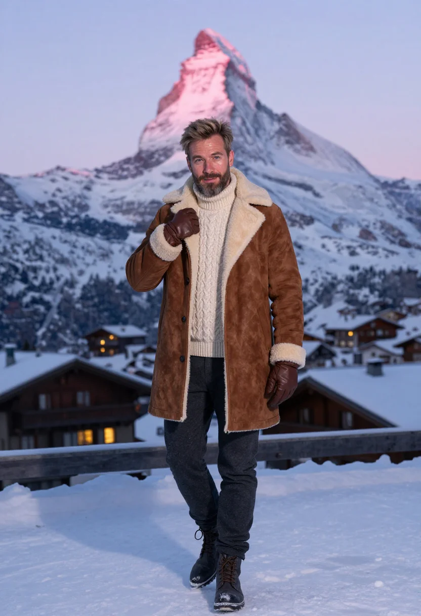 AI zermatt christmas sample — editorial portrait photograph, a Western-European man in his