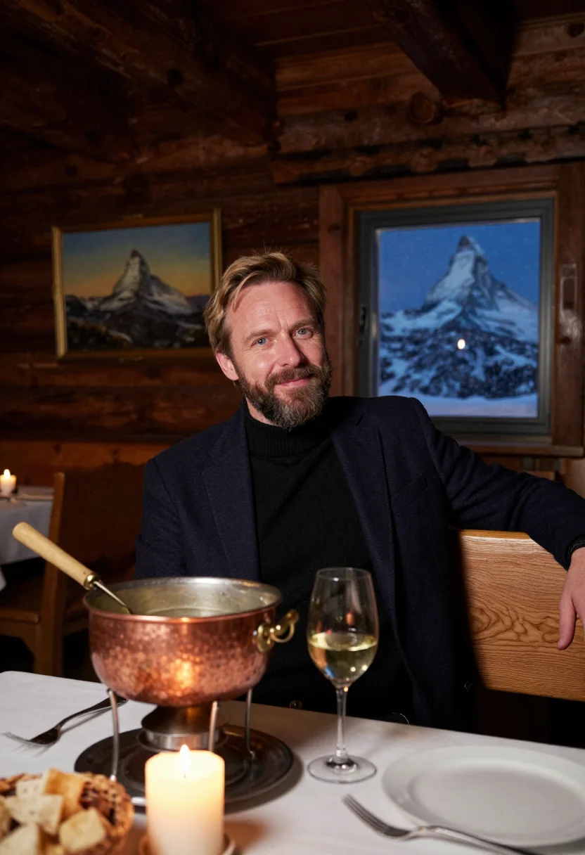 AI zermatt christmas sample — editorial portrait photograph, a Western-European man in his