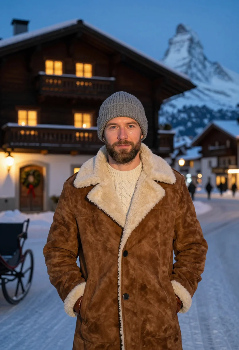 AI zermatt christmas sample — editorial portrait photograph, a Western-European man in his