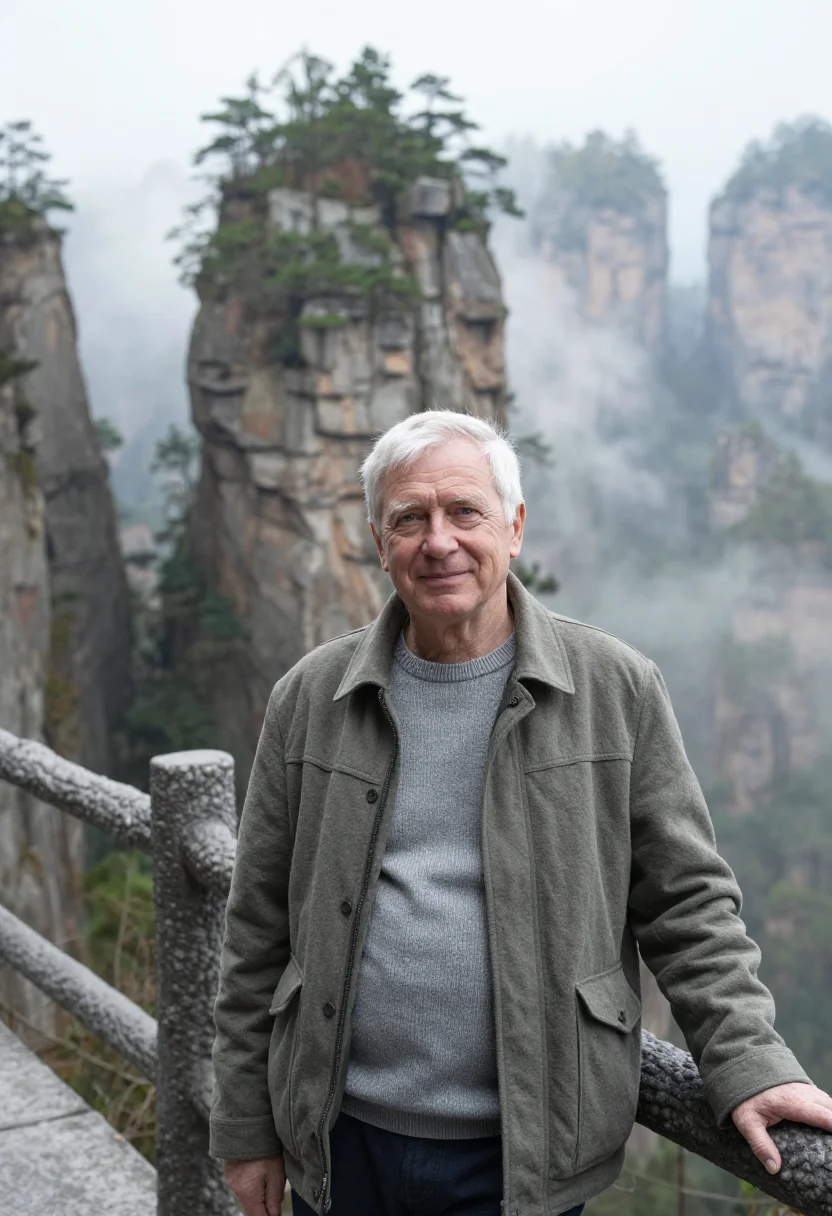AI zhangjiajie geologist sandstone pillar sample — portrait of a man, a geologist in his sixties with pale skin