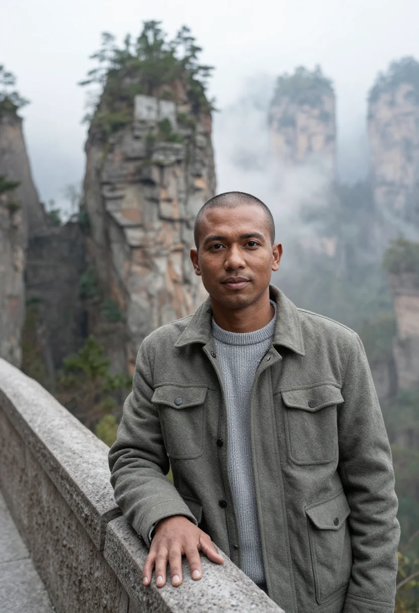AI zhangjiajie geologist sandstone pillar sample — portrait of a man, a geologist in his mid-forties with deep