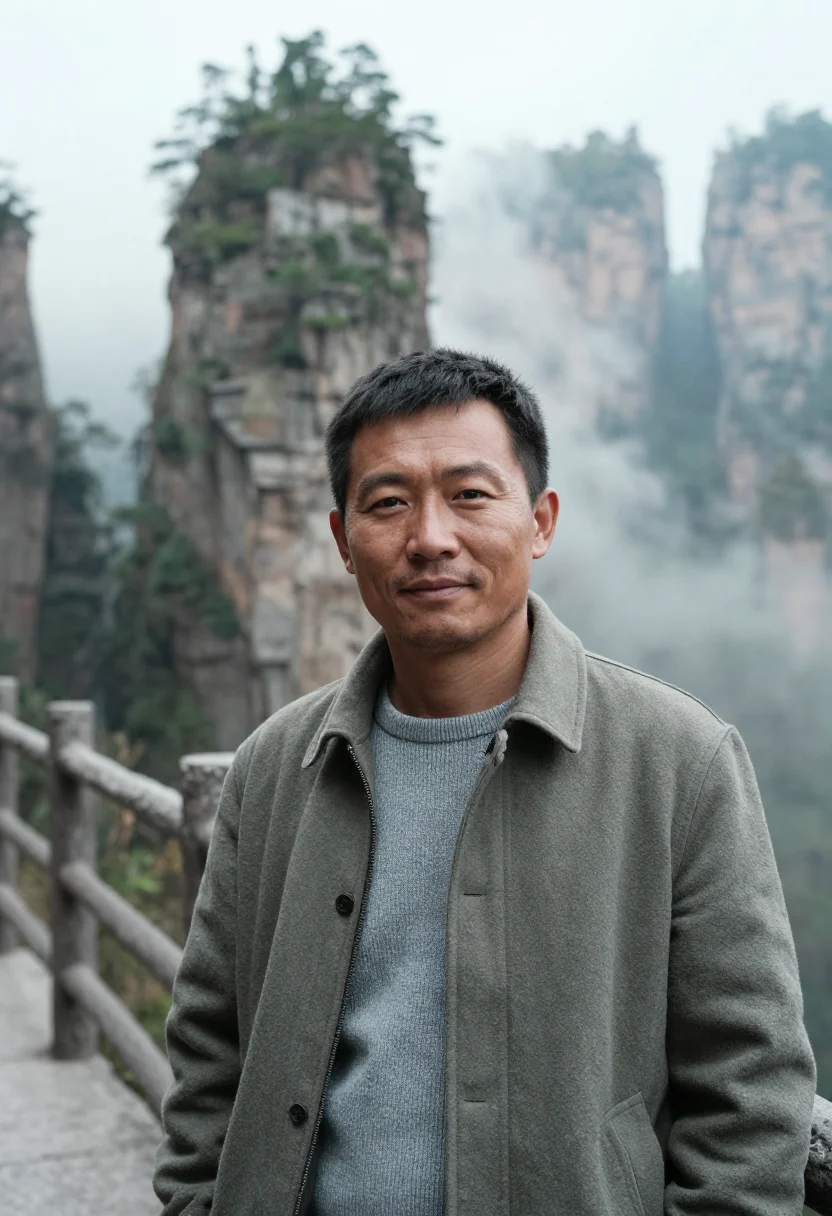 AI zhangjiajie geologist sandstone pillar sample — portrait of a man, a geologist, a Tujia man in his late thir