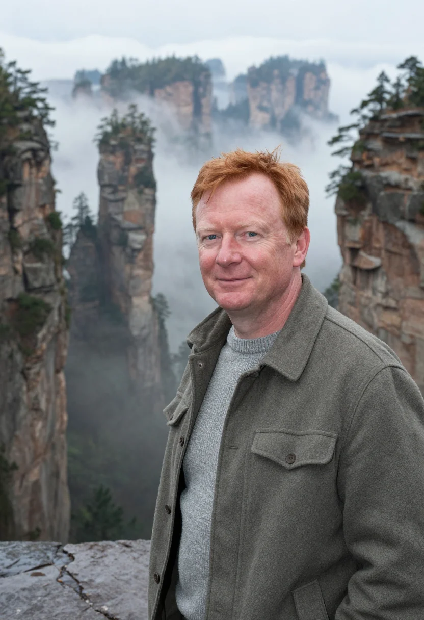 AI zhangjiajie geologist sandstone pillar sample — portrait of a man, a geologist in his early fifties with fai