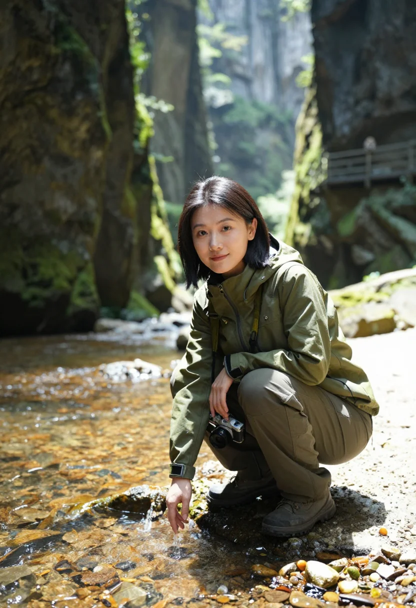 AI zhangjiajie sample — portrait of a traveller, crouched three-quarter portrait of