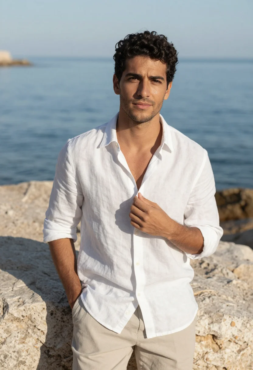 AI zindagi na milegi dobara costa brava white sample — portrait of a man, a Spanish man in his early thirties with