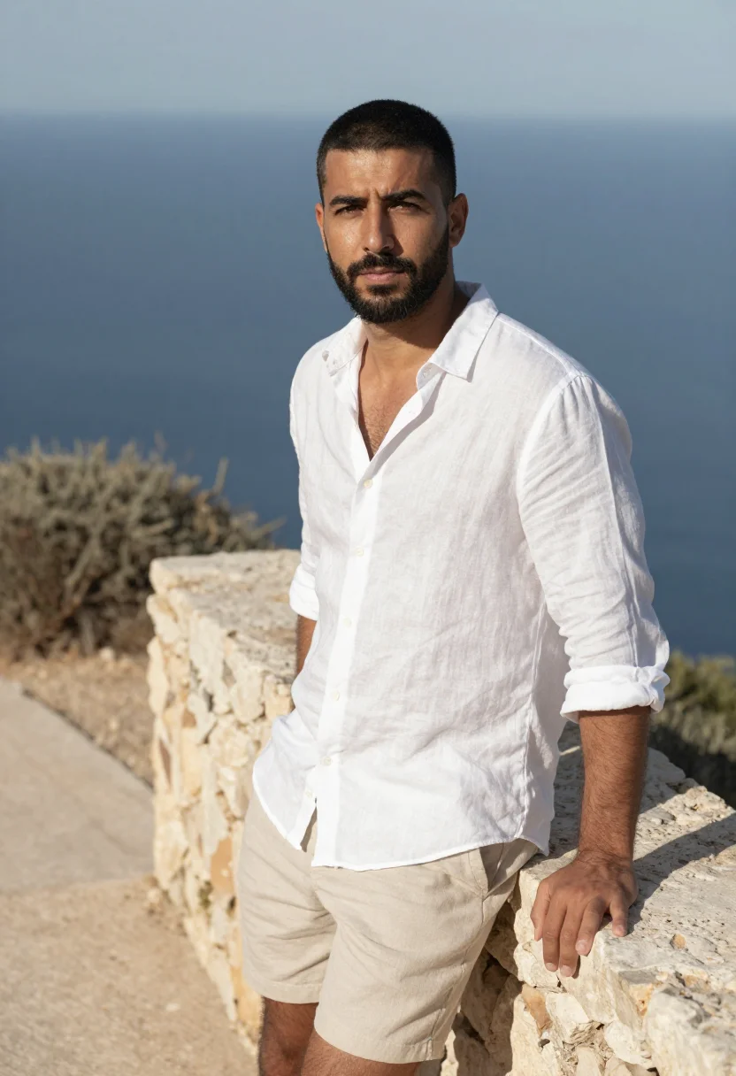 AI zindagi na milegi dobara costa brava white sample — portrait of a man, an Andalusian man in his mid-thirties wit
