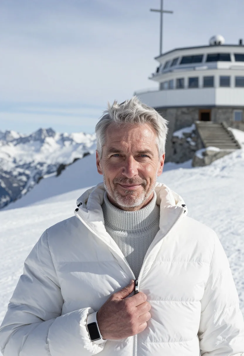 AI zugspitze meteorologist summit snow sample — portrait of a man, in his mid-fifties, with ruddy fair skin,