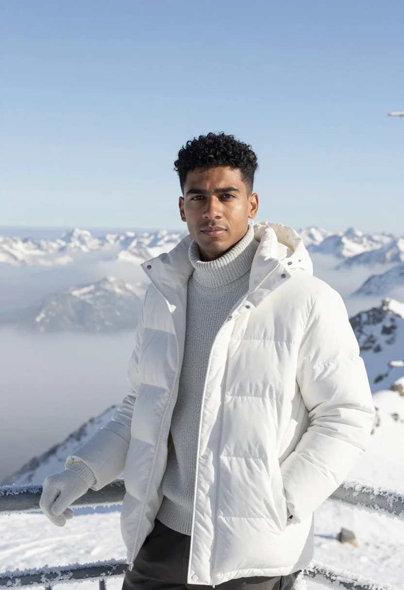 AI zugspitze meteorologist summit snow sample — portrait of a man, in his late twenties, with warm brown ski