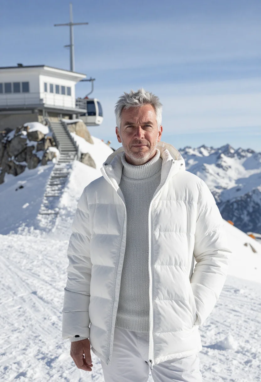 AI zugspitze meteorologist summit snow sample — portrait of a man, in his mid-fifties, with ruddy fair skin,