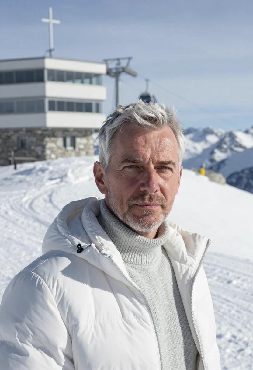 AI zugspitze meteorologist summit snow sample — portrait of a man, in his mid-fifties, with ruddy fair skin,