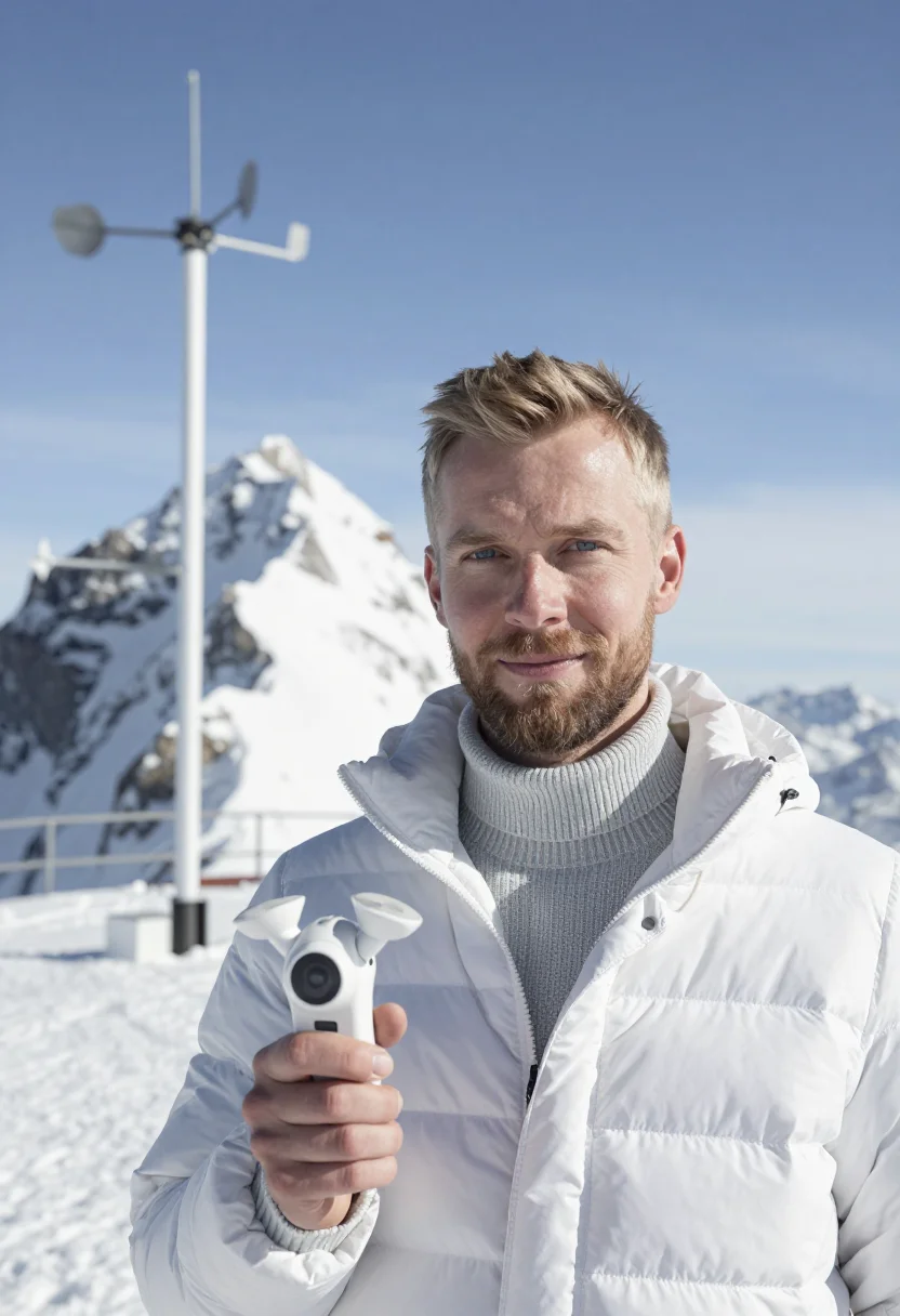 AI zugspitze meteorologist summit snow sample — portrait of a man, in his early forties, with fair skin, pal