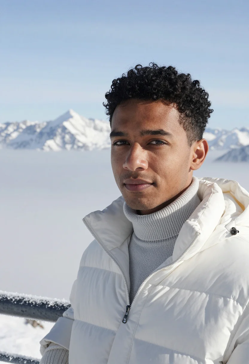 AI zugspitze meteorologist summit snow sample — portrait of a man, in his late twenties, with warm brown ski
