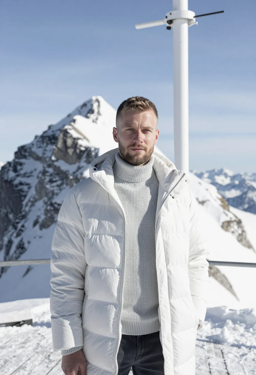 AI zugspitze meteorologist summit snow sample — portrait of a man, in his early forties, with fair skin, pal
