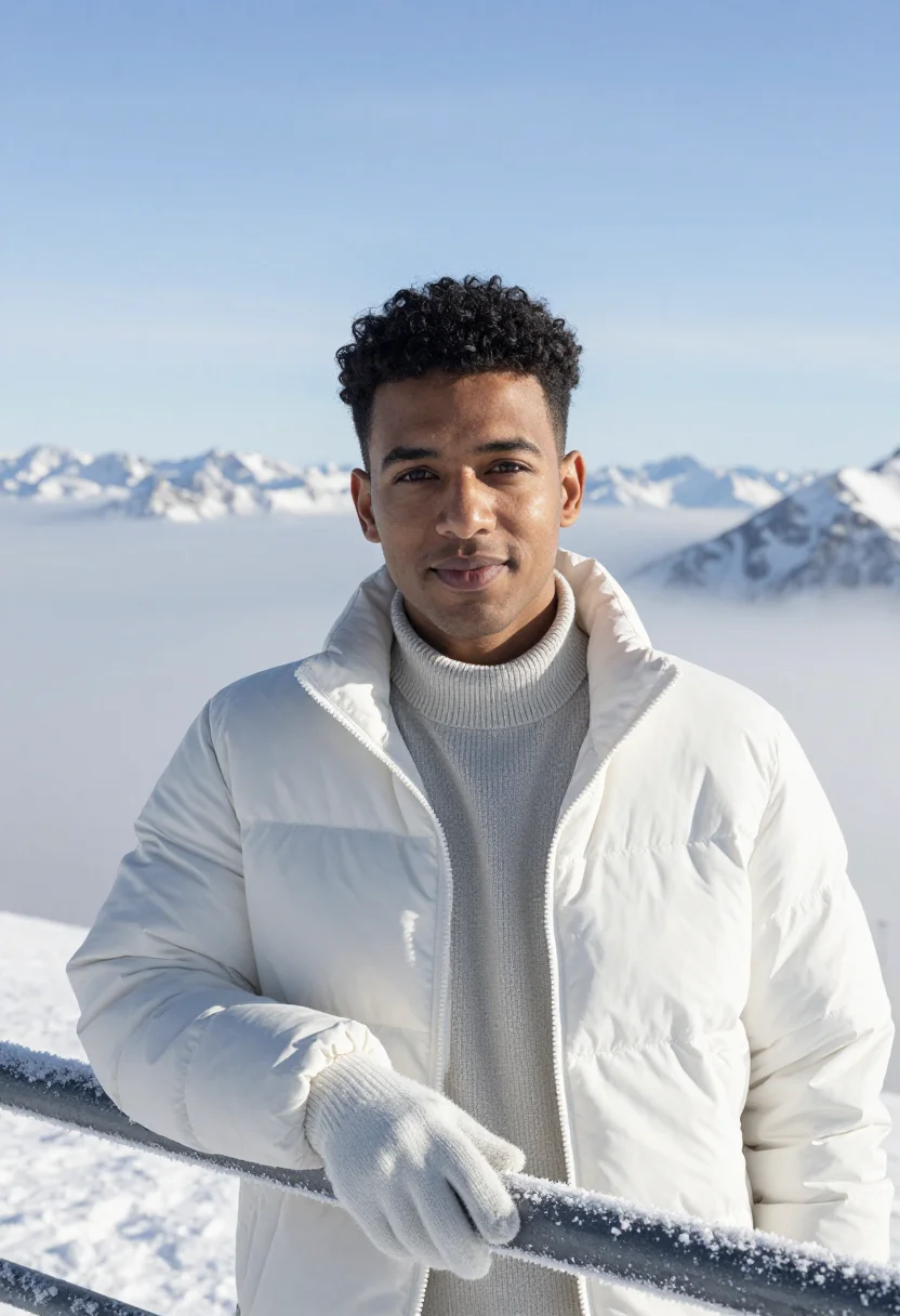 AI zugspitze meteorologist summit snow sample — portrait of a man, in his late twenties, with warm brown ski