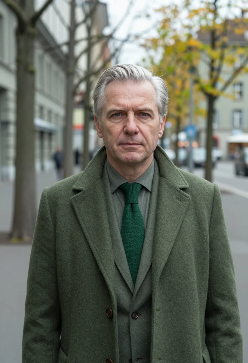 AI zurich banker loden sample — portrait of a man, framed head and shoulders, tighter, the b