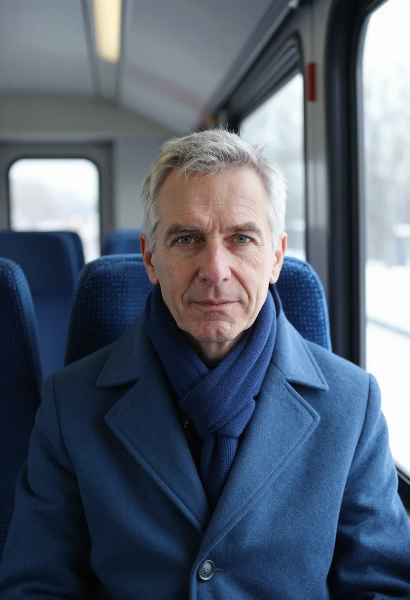 AI zurich tram blue sample — portrait of a man, framed as a tight headshot from the crown