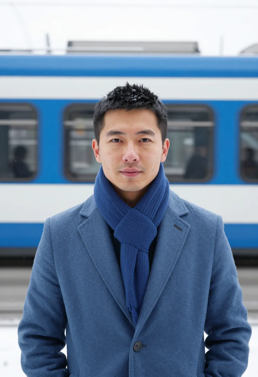 AI zurich tram blue sample — portrait of a man, framed as a tight headshot from the crown