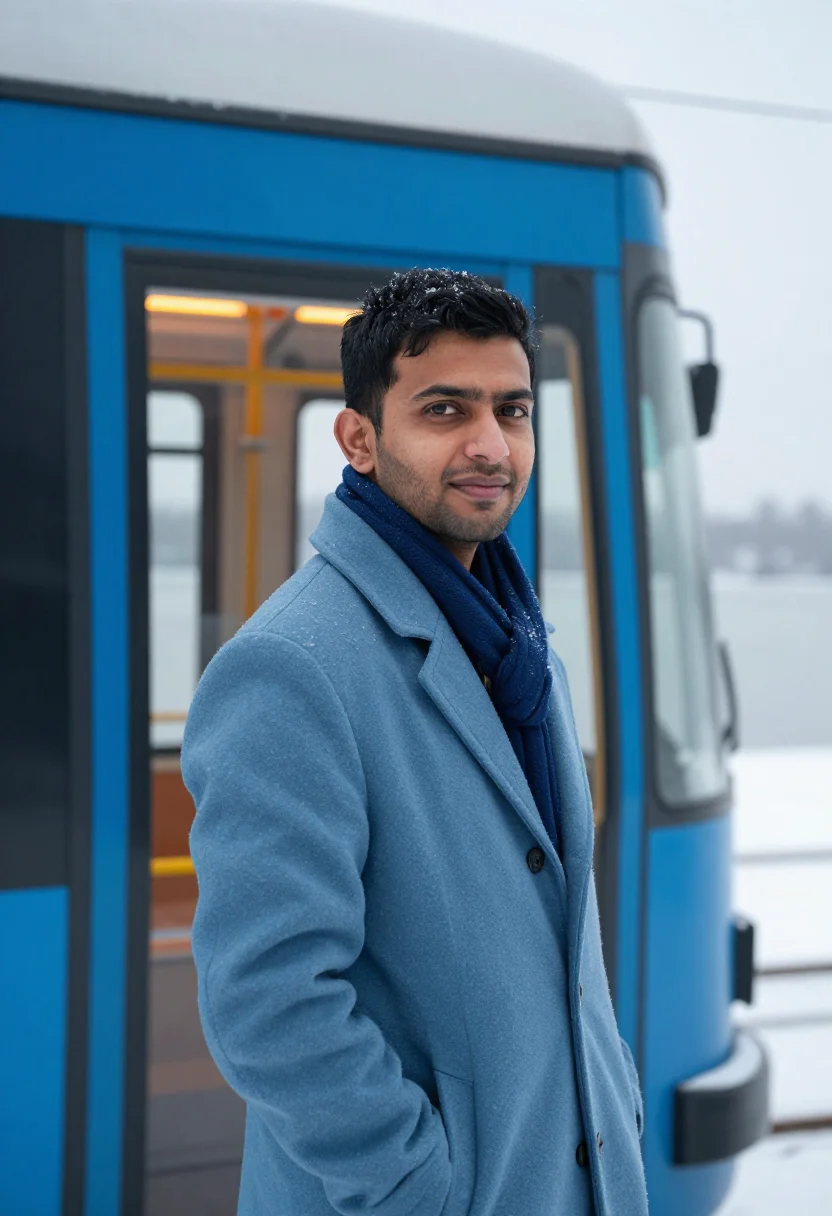 AI zurich tram blue sample — portrait of a man, framed chest-up from the ribs with the bo