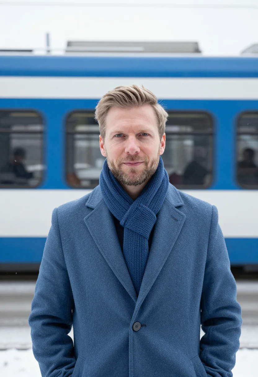 AI zurich tram blue sample — portrait of a man, framed head and shoulders, tighter, the b