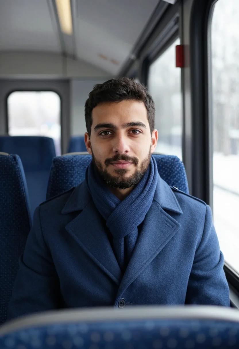 AI zurich tram blue sample — portrait of a man, framed chest-up from the ribs with the bo